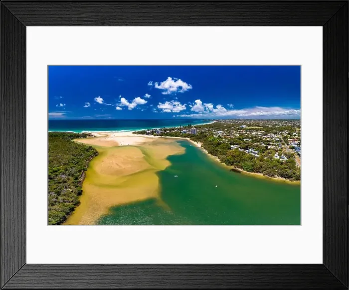 Framed Print : Aerial drone view of beach and Currimundi Lake, Caloundra, Sunshine Coast, Queensland, Australia Framed Print : Aerial drone view of beach and Currimundi Lake, Caloundra, Sunshine Coast, Queensland, Australia