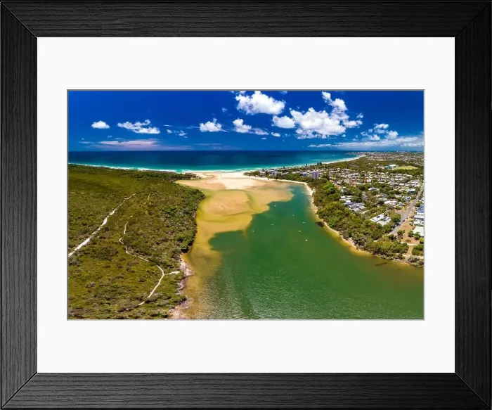 Framed Print : Aerial drone view of beach and Currimundi Lake, Caloundra, Sunshine Coast, Queensland, Australia Framed Print : Aerial drone view of beach and Currimundi Lake, Caloundra, Sunshine Coast, Queensland, Australia