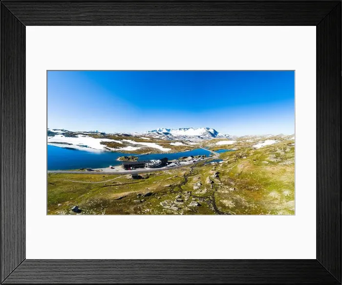 Framed Print : Ski training centre surrounded by lake and mountains, aerial view, Sognefjell, Jotunheimen, Norway, Europe Framed Print : Ski training centre surrounded by lake and mountains, aerial view, Sognefjell, Jotunheimen, Norway, Europe