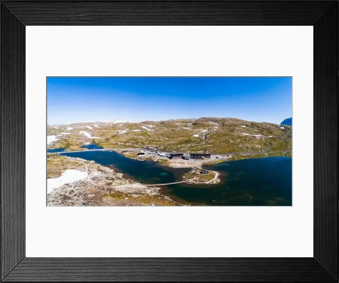Framed Print : Blue sky above lake and ski training centre, aerial view, Sognefjell, Jotunheimen, Norway, Europe Framed Print : Blue sky above lake and ski training centre, aerial view, Sognefjell, Jotunheimen, Norway, Europe