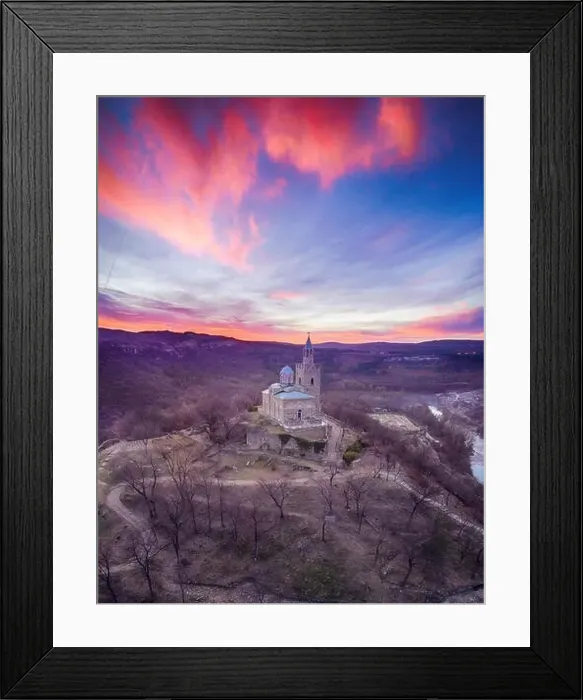 Framed Print : Drone top view on Patriarchal Cathedral of the Holy Ascension of God at sunrise in Medieval Stronghold Tsarevets Framed Print : Drone top view on Patriarchal Cathedral of the Holy Ascension of God at sunrise in Medieval Stronghold Tsarevets