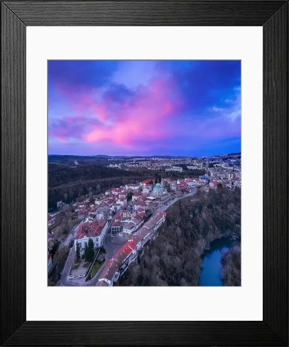 Framed Print : Drone aerial sunrise view on Veliko Tarnovo. Cityscape from hill Tsarevets. - Image Framed Print : Drone aerial sunrise view on Veliko Tarnovo. Cityscape from hill Tsarevets. - Image