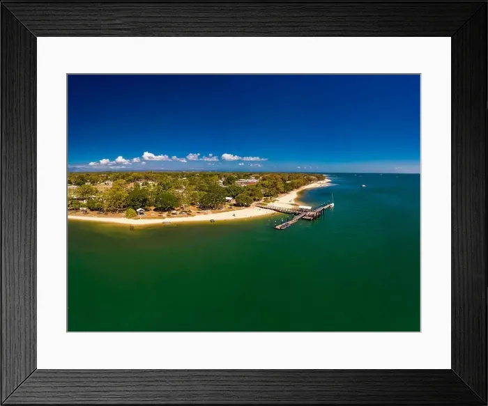 Framed Print : Aerial drone view of Bongaree Jetty on Bribie Island, Sunshine Coast, Queensland, Australia Framed Print : Aerial drone view of Bongaree Jetty on Bribie Island, Sunshine Coast, Queensland, Australia