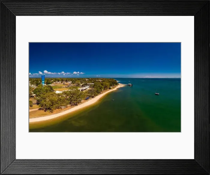 Framed Print : Aerial drone view of Bongaree Jetty on Bribie Island, Sunshine Coast, Queensland, Australia Framed Print : Aerial drone view of Bongaree Jetty on Bribie Island, Sunshine Coast, Queensland, Australia