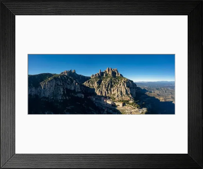 Framed Print : Aerial; wide panorama of famous abbey homonymous mountain range Montserrat; tourist attractions route of Spain; drone
