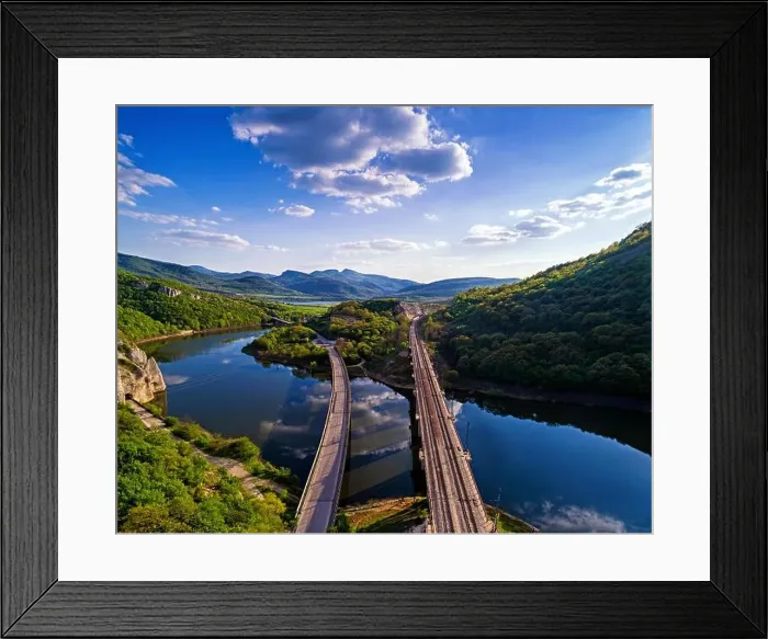 Framed Print : Aerial view of a bridge crossing the Tsonevo lake near Varna Framed Print : Aerial view of a bridge crossing the Tsonevo lake near Varna