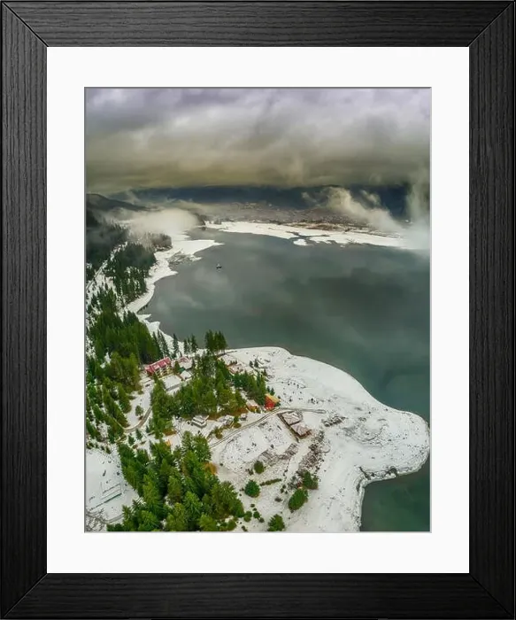 Framed Print : Amazing winter Landscape of Dospat Reservoir, Smolyan Region, Bulgaria - Drone winter top shot
