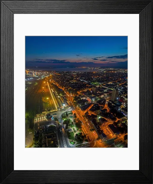 Framed Print : Station in Burgas night. Architecture and streets of the old city Framed Print : Station in Burgas night. Architecture and streets of the old city