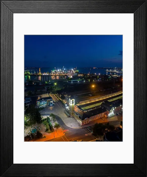 Framed Print : Station in Burgas night. Architecture and streets of the old city Framed Print : Station in Burgas night. Architecture and streets of the old city