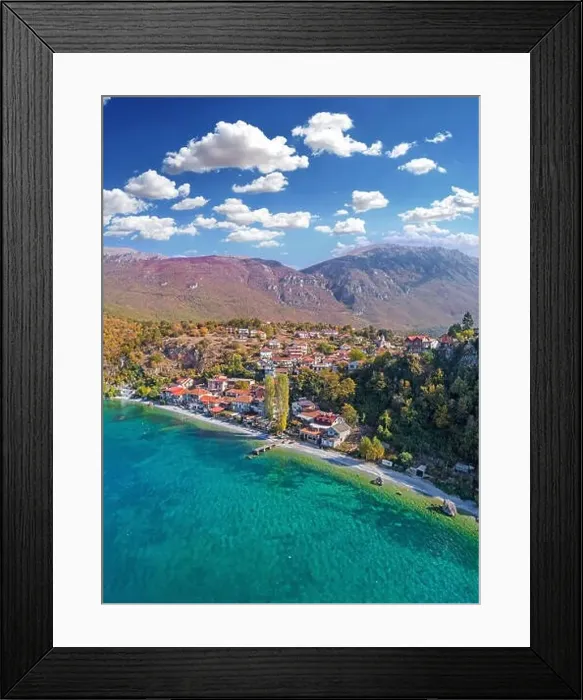 Framed Print : Ohrid Lake and Tarpeica little city in Macedonia - drone photography