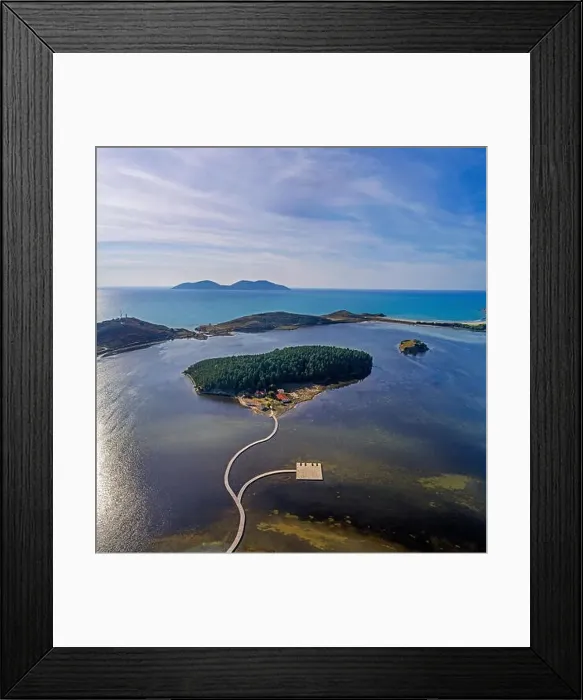 Framed Print : Drone aerial view on isolated Monastery of Saint Mary on Zvernec island (Narta Lagoon, Vlore, Albania) Framed Print : Drone aerial view on isolated Monastery of Saint Mary on Zvernec island (Narta Lagoon, Vlore, Albania)