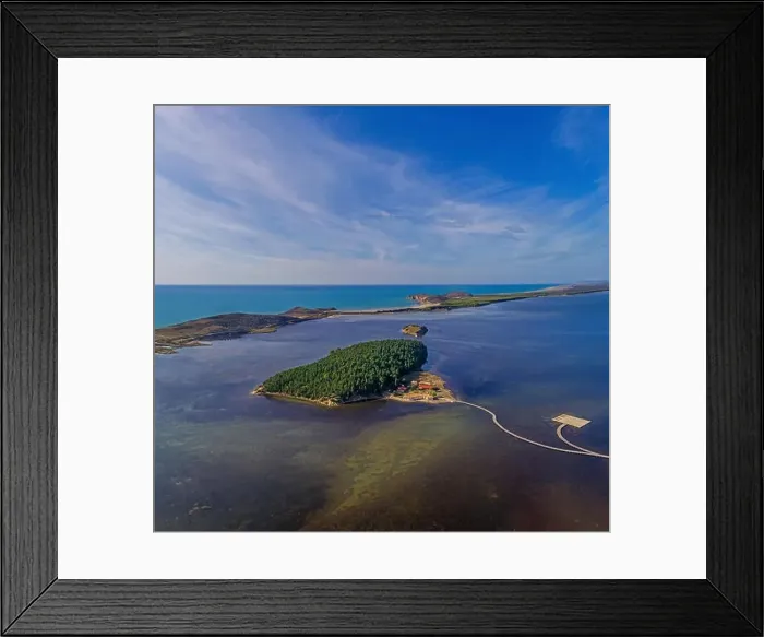 Framed Print : Drone aerial view on isolated Monastery of Saint Mary on Zvernec island (Narta Lagoon, Vlore, Albania) Framed Print : Drone aerial view on isolated Monastery of Saint Mary on Zvernec island (Narta Lagoon, Vlore, Albania)