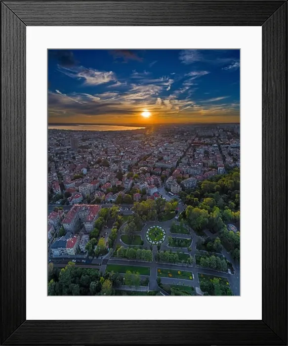 Framed Print : Sea garden at sunset, in the background, downtown Burgas, bulgaria