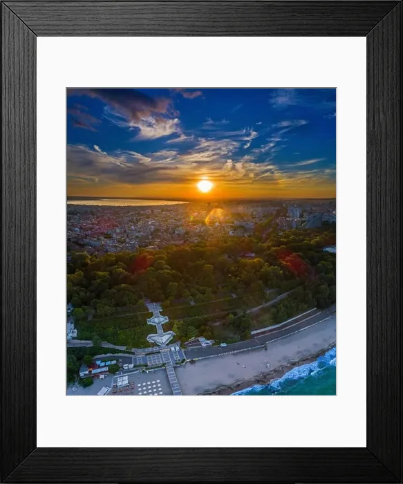 Framed Print : Sea garden at sunset, in the background, downtown Burgas, bulgaria Framed Print : Sea garden at sunset, in the background, downtown Burgas, bulgaria