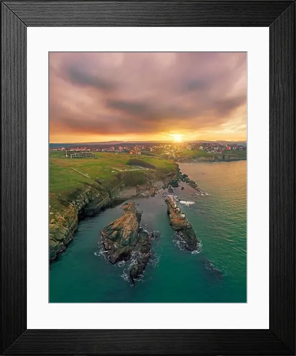 Framed Print : Drone top view Sunset the beach coast with rocks in foreground Framed Print : Drone top view Sunset the beach coast with rocks in foreground