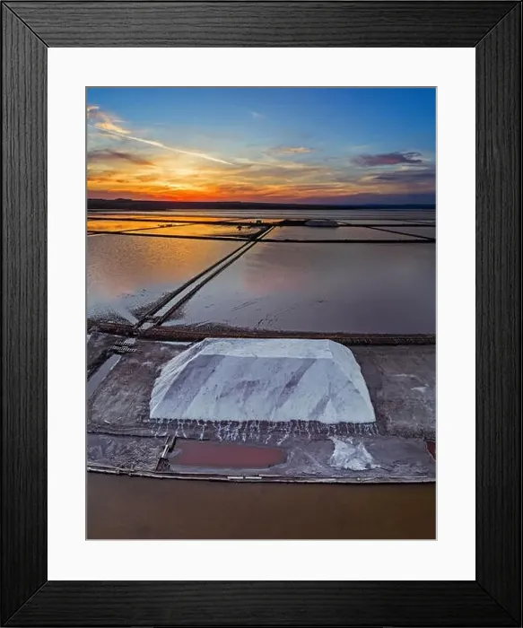 Framed Print : Aerial panoramic drone view of Burgas salt pans townscape at sunse.Saltworks industry Framed Print : Aerial panoramic drone view of Burgas salt pans townscape at sunse.Saltworks industry