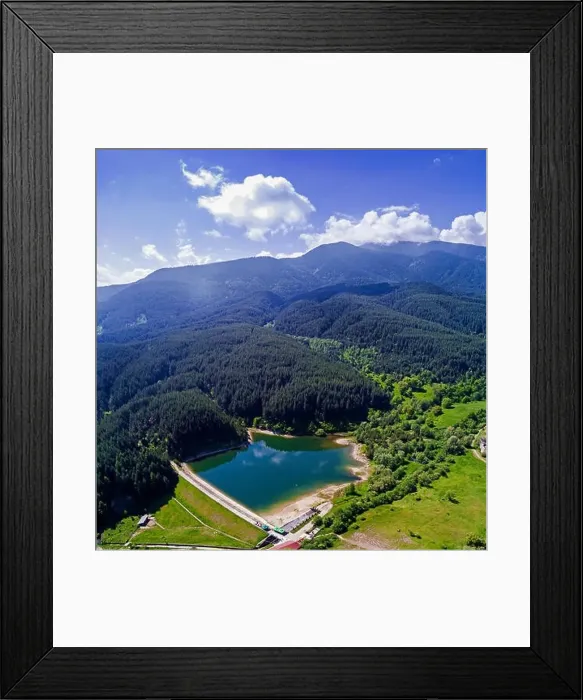 Framed Print : drone image. aerial view of rural area with fields and forest lake Framed Print : drone image. aerial view of rural area with fields and forest lake