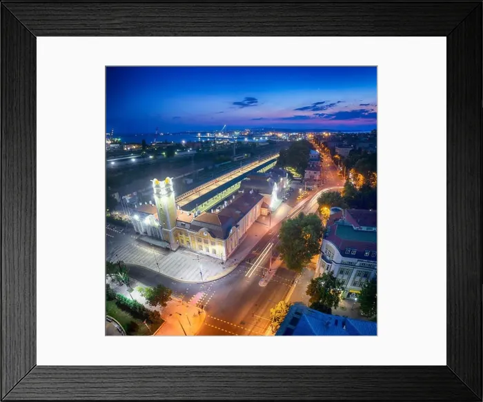 Framed Print : Station in Burgas night. Architecture and streets of the old city Framed Print : Station in Burgas night. Architecture and streets of the old city