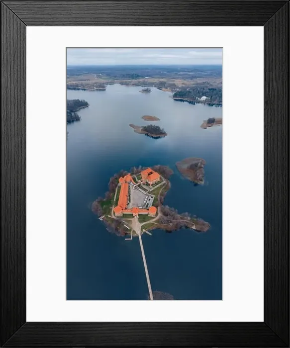 Framed Print : Trakai castle aerial wide vertical drone view, Lithuania Framed Print : Trakai castle aerial wide vertical drone view, Lithuania