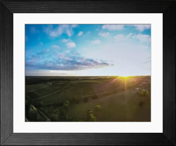 Framed Print : Aerial view Bordeaux Vineyard at sunrise, film by drone in summer, Entre deux mers, Capian Framed Print : Aerial view Bordeaux Vineyard at sunrise, film by drone in summer, Entre deux mers, Capian