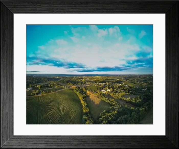 Framed Print : Aerial view Bordeaux Vineyard at sunrise, film by drone in summer, Entre deux mers, Capian Framed Print : Aerial view Bordeaux Vineyard at sunrise, film by drone in summer, Entre deux mers, Capian