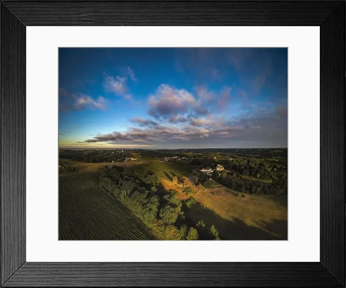 Framed Print : Aerial view Bordeaux Vineyard at sunrise, film by drone in summer, Entre deux mers, Capian Framed Print : Aerial view Bordeaux Vineyard at sunrise, film by drone in summer, Entre deux mers, Capian
