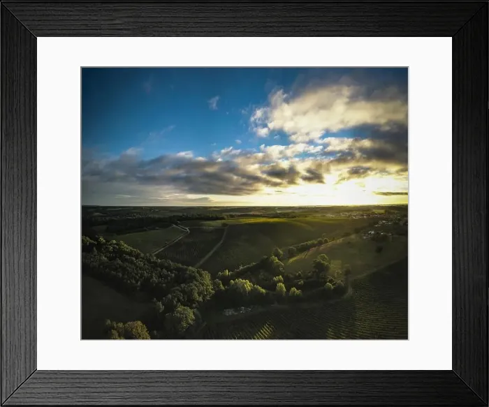 Framed Print : Aerial view Bordeaux Vineyard at sunrise, film by drone in summer, Entre deux mers, Capian Framed Print : Aerial view Bordeaux Vineyard at sunrise, film by drone in summer, Entre deux mers, Capian