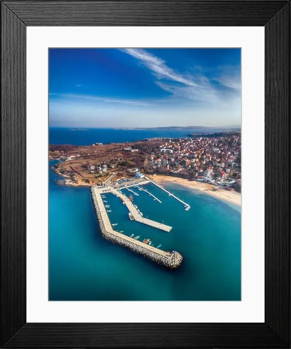 Framed Print : Drone view on boats and yachts at the pier in the seaport of Chernomorec, Bulgaria Framed Print : Drone view on boats and yachts at the pier in the seaport of Chernomorec, Bulgaria