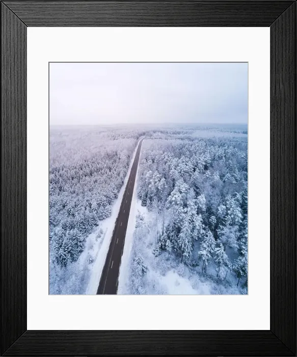 Framed Print : Winter Road in the Forest, Aerial View Framed Print : Winter Road in the Forest, Aerial View