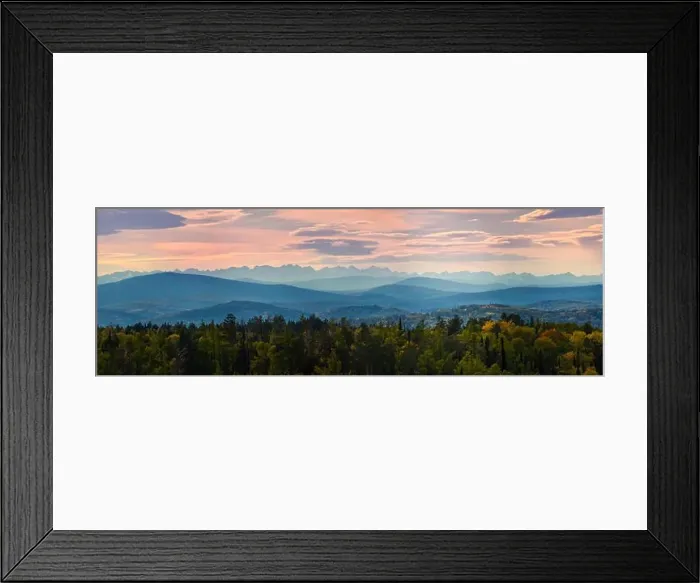 Framed Print : Wide angle panorama autumn forest, misty hills mountain tops in pink dawn Framed Print : Wide angle panorama autumn forest, misty hills mountain tops in pink dawn
