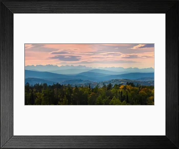 Framed Print : Wide angle panorama autumn forest, misty hills mountain tops in pink dawn Framed Print : Wide angle panorama autumn forest, misty hills mountain tops in pink dawn