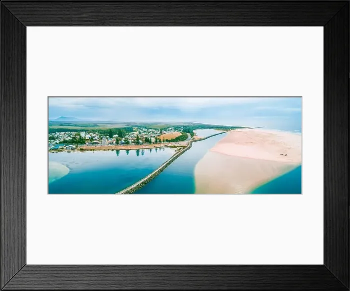 Framed Print : Aerial panorama of Harrington breakwall and Manning river mouth. Harrington, New South Wales, Australia Framed Print : Aerial panorama of Harrington breakwall and Manning river mouth. Harrington, New South Wales, Australia