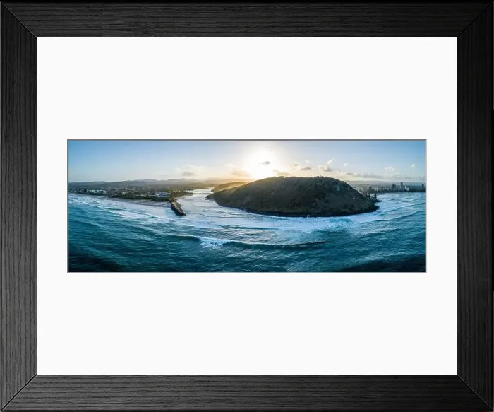 Framed Print : Aerial panorama of Tallebudgera creek mouth and Burleigh Head National Park at sunset. Gold Coast, Queensland, Australia Framed Print : Aerial panorama of Tallebudgera creek mouth and Burleigh Head National Park at sunset. Gold Coast, Queensland, Australia