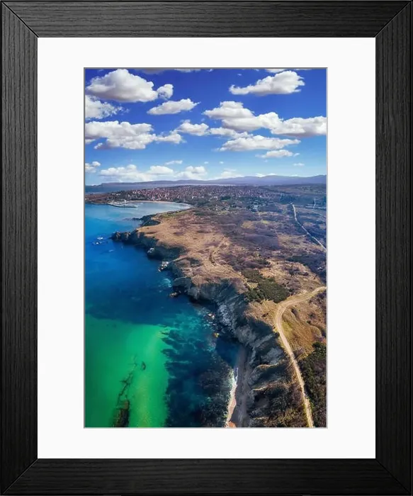 Framed Print : Aerial bird's eye view photo taken by drone with clear water rocky seascape-Chernomorec, Bulgaria Framed Print : Aerial bird's eye view photo taken by drone with clear water rocky seascape-Chernomorec, Bulgaria
