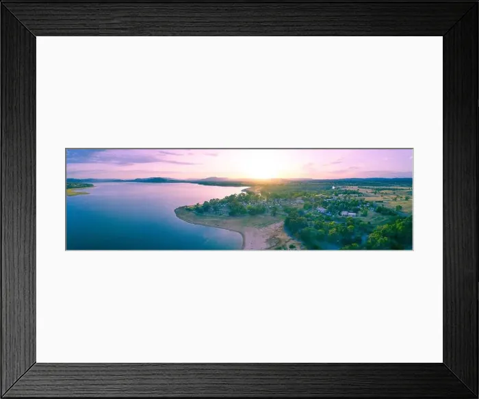 Framed Print : Beautiful lake and countryside at sunset - aerial panorama Framed Print : Beautiful lake and countryside at sunset - aerial panorama