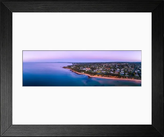Framed Print : Wide aerial panorama of Mount Eliza coastline at dusk. Mornington Peninsula, Victoria, Australia Framed Print : Wide aerial panorama of Mount Eliza coastline at dusk. Mornington Peninsula, Victoria, Australia