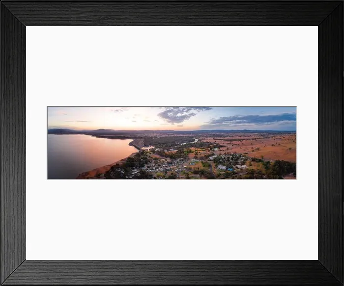 Framed Print : Wide aerial panorama of Lake Hume Village and Murray River surrounded by scenic countryside and hills at dusk Framed Print : Wide aerial panorama of Lake Hume Village and Murray River surrounded by scenic countryside and hills at dusk