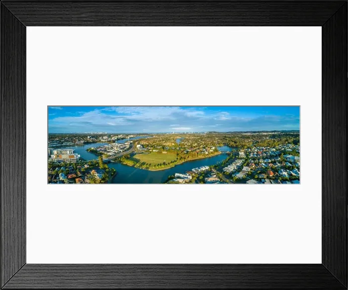 Framed Print : Aerial panorama of Varsity Lakes suburb, Reedy Creek and Lake Orr at sunset. Gold Coast, Queensland, Australia Framed Print : Aerial panorama of Varsity Lakes suburb, Reedy Creek and Lake Orr at sunset. Gold Coast, Queensland, Australia