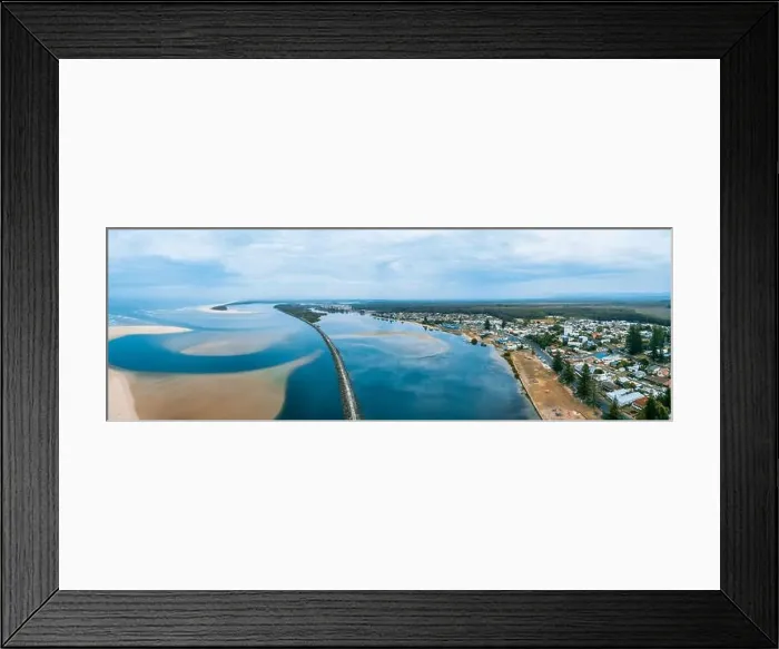 Framed Print : Aerial panorama of Harrington Breakwall and Manning River mouth. Harrington, New South Wales, Australia Framed Print : Aerial panorama of Harrington Breakwall and Manning River mouth. Harrington, New South Wales, Australia