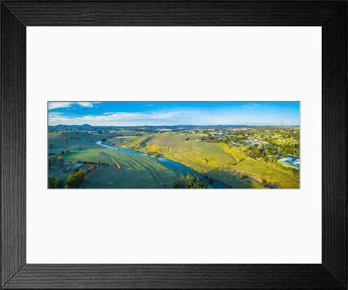 Framed Print : Wide aerial panoram of Yass river and surrounding countryside at sunset in New South Wales, Australia Framed Print : Wide aerial panoram of Yass river and surrounding countryside at sunset in New South Wales, Australia