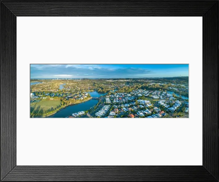 Framed Print : Aerial panorama of luxury suburb on the Gold Coast at sunset Framed Print : Aerial panorama of luxury suburb on the Gold Coast at sunset