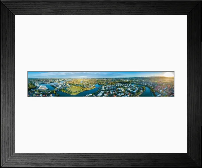 Framed Print : Wide aerial panorama of beautiful sunset over luxury suburb on the Gold Coast, Queensland, Australia Framed Print : Wide aerial panorama of beautiful sunset over luxury suburb on the Gold Coast, Queensland, Australia