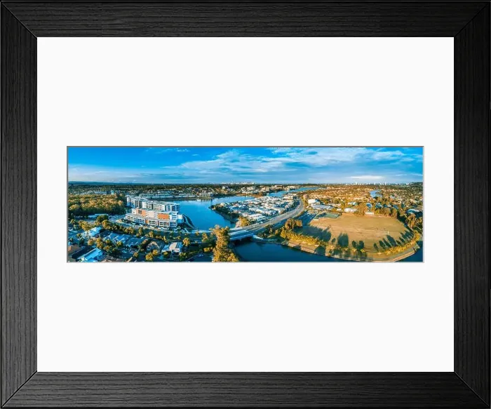 Framed Print : Aerial panorama of Varsity Lakes at sunset. Gold Coast, Queensland, Australia Framed Print : Aerial panorama of Varsity Lakes at sunset. Gold Coast, Queensland, Australia