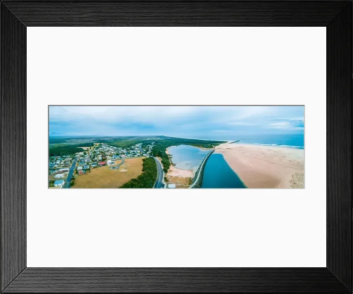 Framed Print : Wide aerial panorama of Harrington township and ocean coastline. Harrington, New South Wales, Australia Framed Print : Wide aerial panorama of Harrington township and ocean coastline. Harrington, New South Wales, Australia