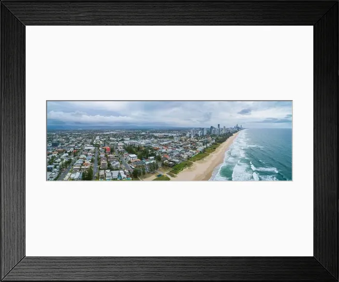 Framed Print : Aerial panorama of Mermaid Beach suburb and Gold Coast city skyline, Queensland, Australia Framed Print : Aerial panorama of Mermaid Beach suburb and Gold Coast city skyline, Queensland, Australia