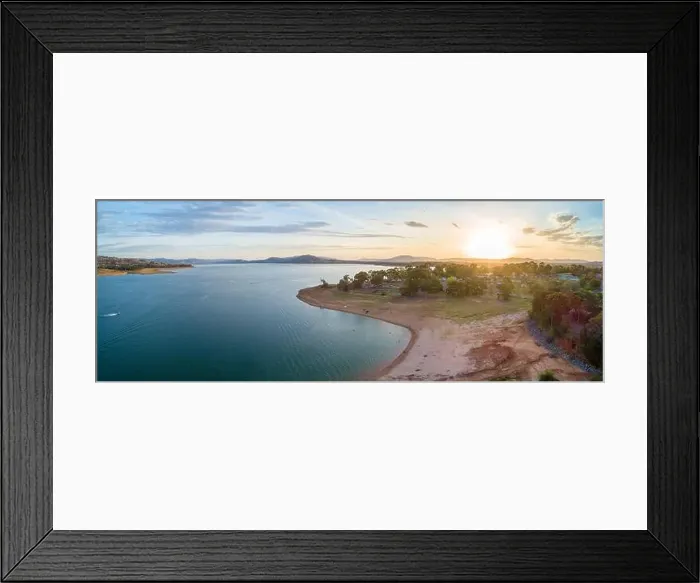 Framed Print : Aerial panorama of scenic lake and hills in Australia at sunset Framed Print : Aerial panorama of scenic lake and hills in Australia at sunset