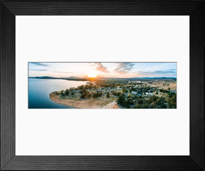 Framed Print : Sun touching the horizon over mountains and Lake Hume Village - wide aerial panorama Framed Print : Sun touching the horizon over mountains and Lake Hume Village - wide aerial panorama
