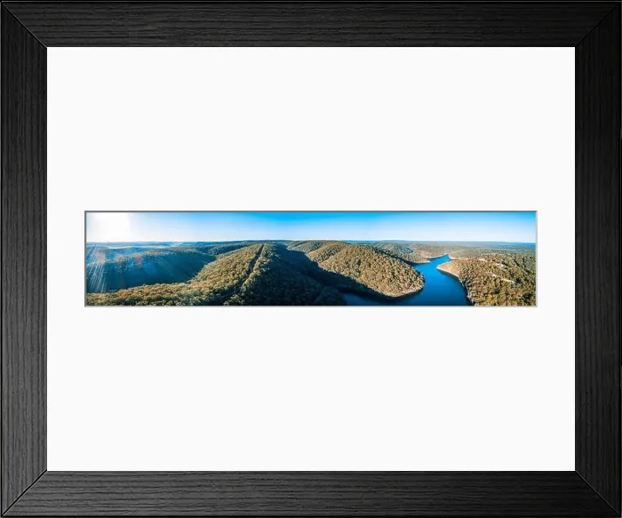Framed Print : Wide aerial panorama of Lake Nepean and beautiful forested hills under clear sky Framed Print : Wide aerial panorama of Lake Nepean and beautiful forested hills under clear sky