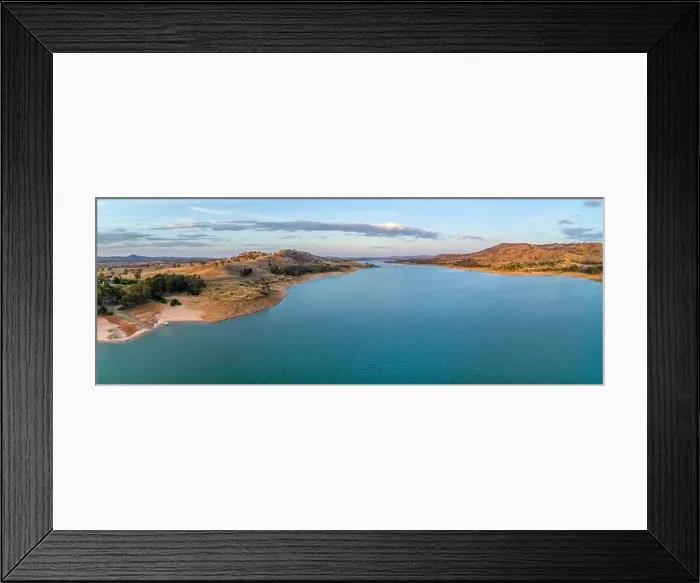 Framed Print : Aerial panorama of Murray River and Lake Hume at sunset with copy space Framed Print : Aerial panorama of Murray River and Lake Hume at sunset with copy space