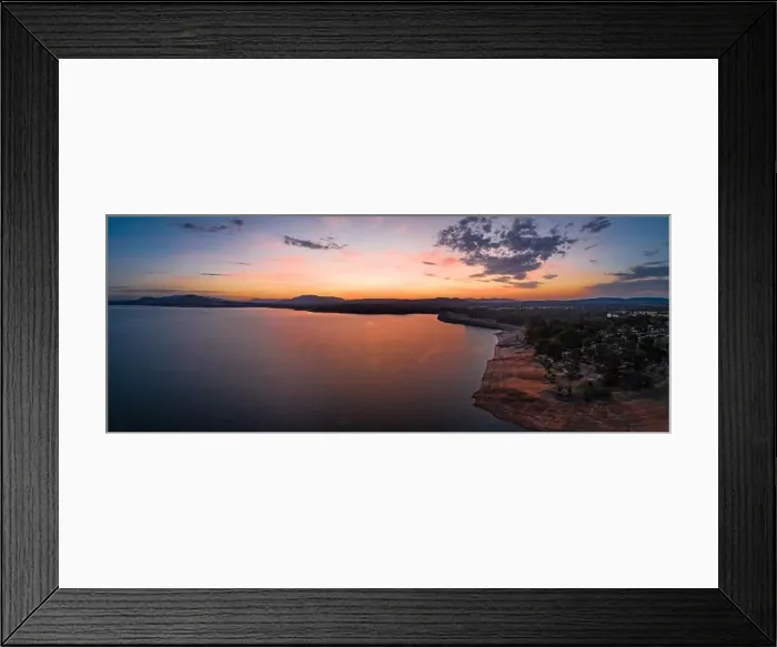 Framed Print : Tranquil mountain lake at sunset - aerial panorama with copy space Framed Print : Tranquil mountain lake at sunset - aerial panorama with copy space